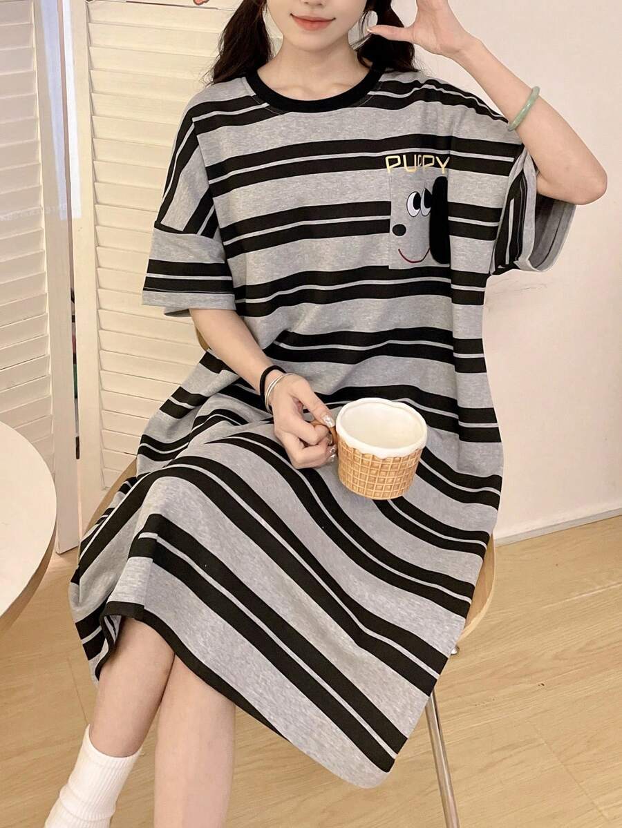 女士睡衣套装,短袖条纹睡裙,卡通狗狗图案口袋装饰,适合户外穿着,春夏款 - 灰色 - 查看 1