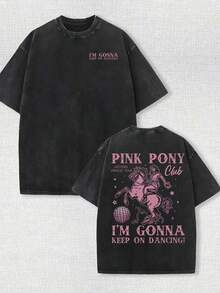 Men's Clothing, Men's T-Shirts, Graphic T-Shirts, Double-Sided Washed Vintage Style T-Shirt With Pink Pony Club Print, Western Cowgirl Disco Ball, I'm Gonna Keep On Dancing - 黑色 - 查看 1