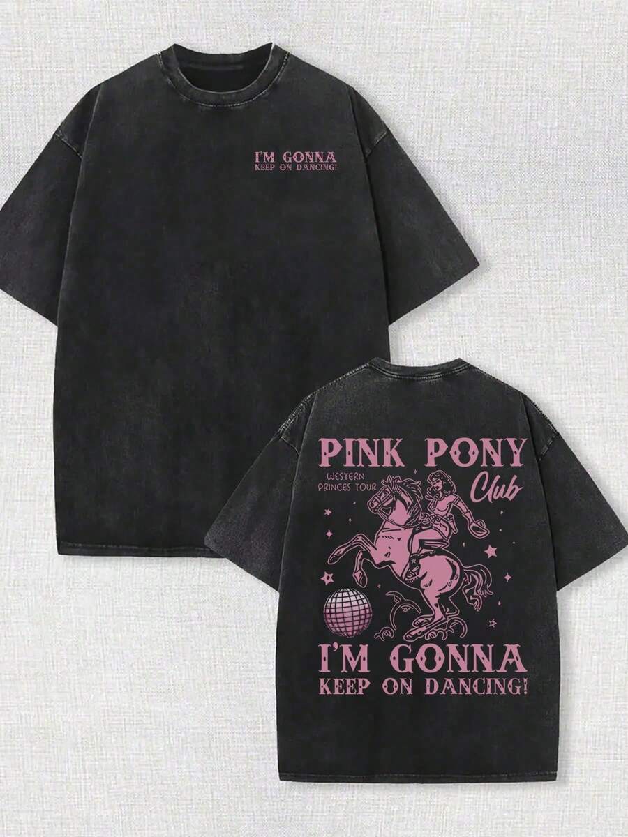 Men's Clothing, Men's T-Shirts, Graphic T-Shirts, Double-Sided Washed Vintage Style T-Shirt With Pink Pony Club Print, Western Cowgirl Disco Ball, I'm Gonna Keep On Dancing - 黑色 - 查看 1