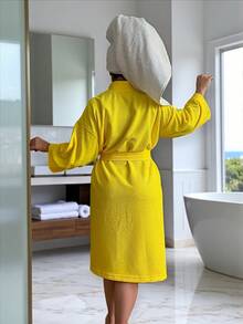 BATA DE BAÑO UNISEX AMPLIA Y LARGA EXCELENTE ABSORCIÓN TELA MICROTOALLA (ALGODÓN CON MICROFIBRA) - Amarillo - Ver 8