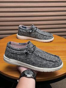 Men's Designer Pure Black Canvas Patchwork Striped National Flag Pattern Low-Top Casual Shoes, Versatile Comfortable Convenient Slip-On Loafers Boat Shoes - Black - View 3