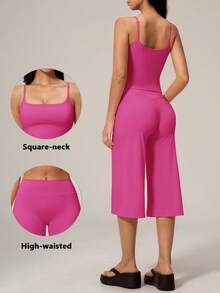TimeOff 1 Set Women Solid Color Adjustable Strap Camisole And Wide Leg Pants Sports Suit - Pink - View 8
