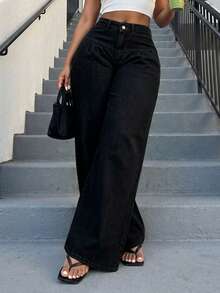 Women's Vintage Wide Leg Denim Pants, Casual Style - Black - View 1