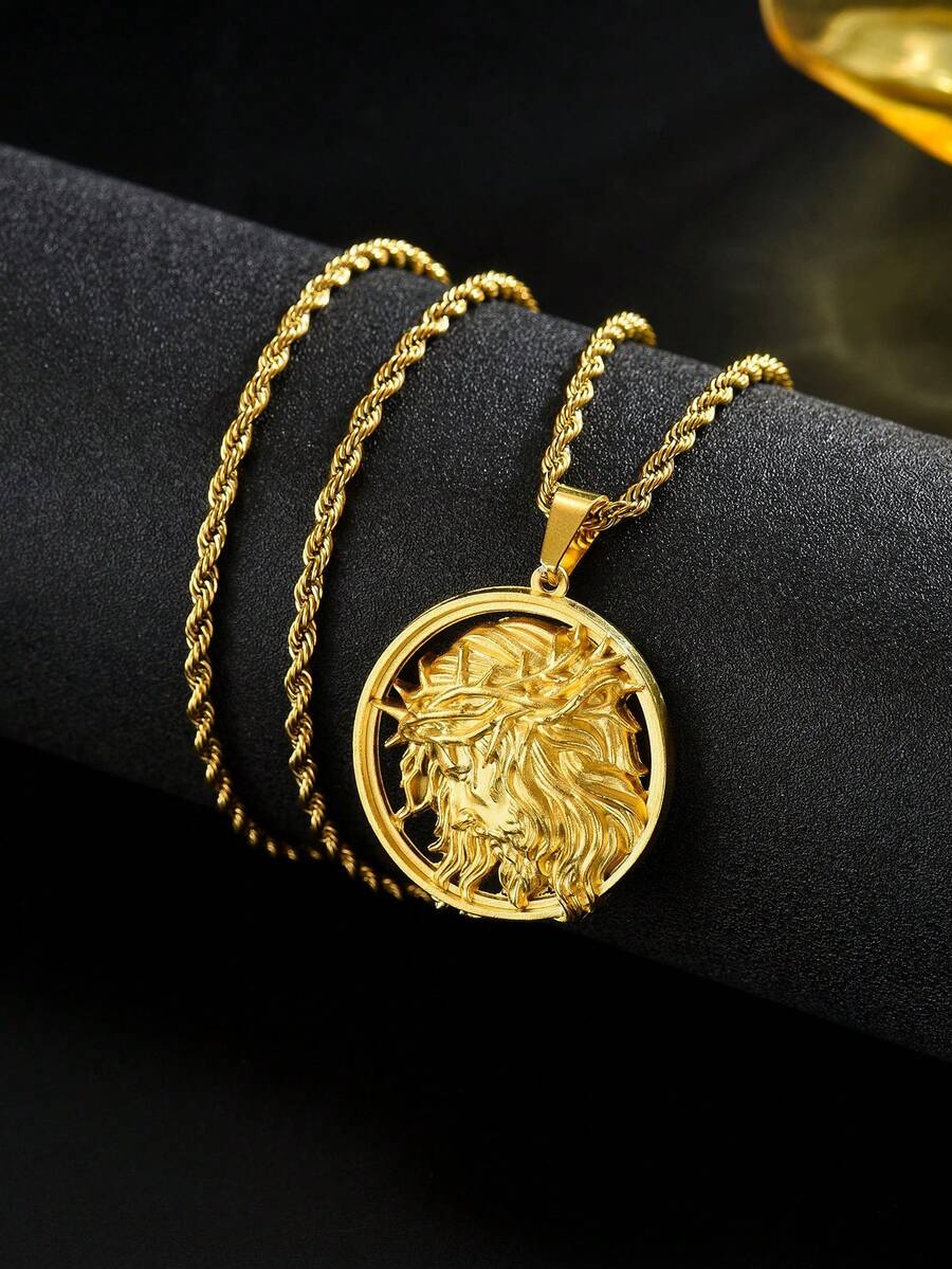 Twisted Chain Jesus Pendant Necklace Gold Plated Stainless Steel For Men Stainless Steel Twisted Necklace Thorn Jesus Charm Men Jewelry Hip Hop - Gold - View 1