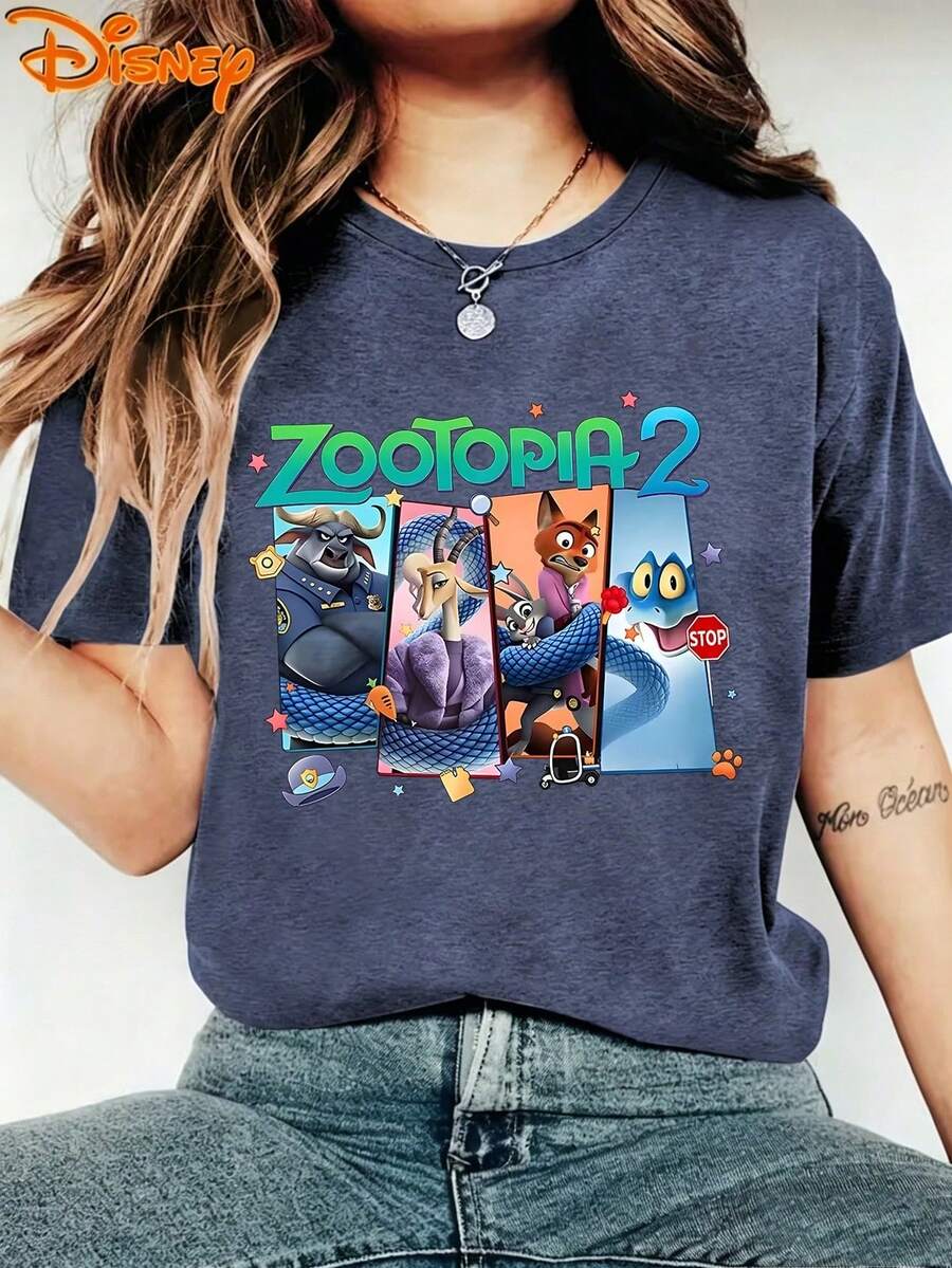 Disney Zootopia Multi-Character Color Block Short-Sleeved T-Shirt, Zootopia 2 Movie Cartoon Graphic T-Shirt - Royal Blue - View 1