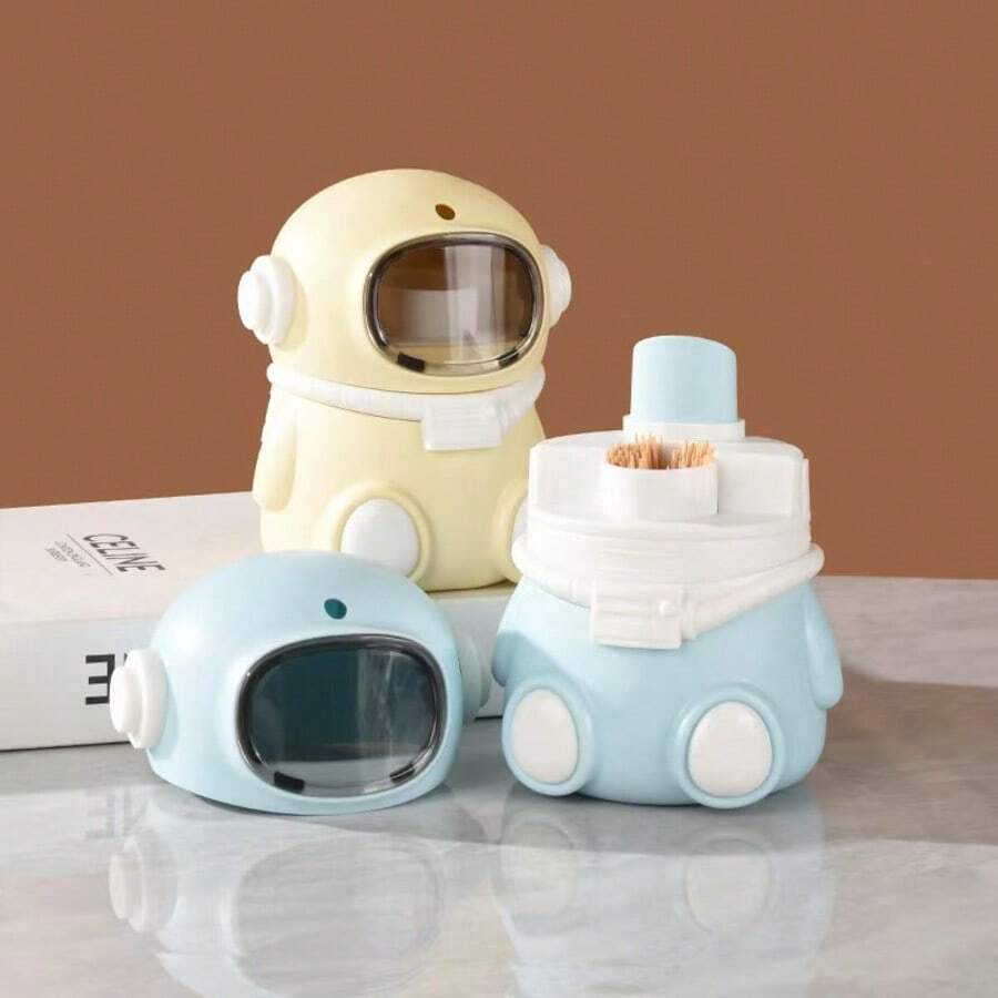 1pc New Astronaut Automatic Pop-Up Toothpick Holder, Creative Cartoon Toothpick Tube For Home, Press To Dispense, Automatic Rebound Retrieval, Dust-Proof Sealed Anti-Dust, Thick Anti-Crack, Rounded Edges For Hands, Cute Astronaut Design, Macaron Multi-Color Options, Yellow Pink Blue Versatile Home Decor Style, Kitchen Dining Table Placement, Living Room Coffee Table Storage, Restaurant Commercial Use
