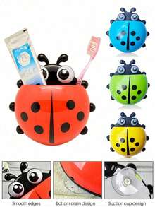 Toothbrush Holder, Ladybug Pattern Toothbrush Holder, Wall-Mounted Toothbrush Storage Rack, Suction Cup Bathroom Storage Box, Multi-Functional Toothpaste And Toothbrush Holder, Wall-Mounted Makeup Brush And Comb Storage Rack - Multicolor - View 7