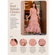 Vestido Mídi Evangélico Musseline Camadas Babados Manga 3/4 Lastex Forrado Elegante Feminino - Rose - Visão 3
