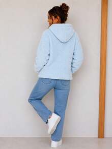 Women's Jacket With Zipper And Hood, Faux Fur Coat - Mint Blue - View 3