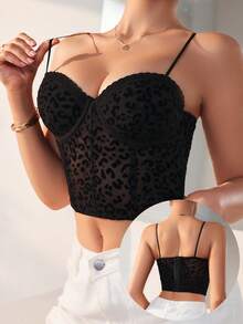 1pc Leopard Print Women's Underwire Push-Up Bra, Thin Non-Adjustable Shoulder Straps Women's Lingerie - Black - View 1