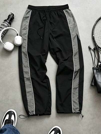 Pantalones largos deportivos de bloques de color para hombre, pantalones largos de estilo callejero retro, con patchwork lateral gris & ribete de línea blanca, ajuste holgado, adecuados para salidas urbanas diarias y casuales