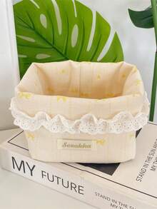 1Pc Cute Lace Ruffle Quilted Storage Basket, Small Bow Print Foldable Desktop Organizer For Cosmetics Sundries Bedroom Decor - Multicolor - View 13