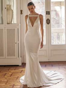 Basrey Elegant Knit Fabric Sleeveless Deep V-Neck Backless Zipper Detail Fitted Long Bridesmaid Dress Wedding White - White - View 9