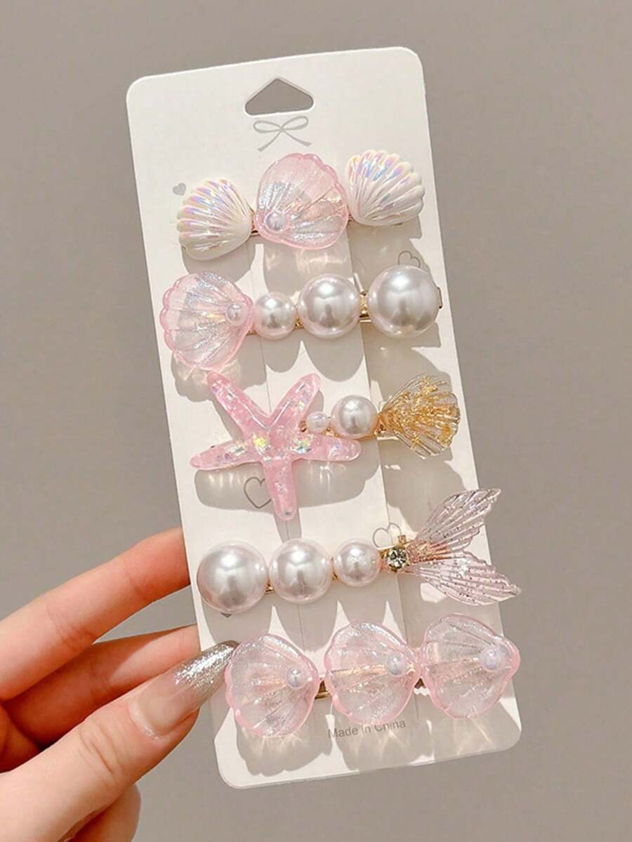 5 piezas Pinzas de pelo planas para mujer con diseño de estrella de mar azul & cola de sirena con conchas, tema oceánico adecuado para uso diario, caimán, deslizador de pelo - Rosa - Ver 1