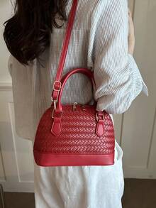 Fashion Solid Color Embossed Handbag - Red - View 2