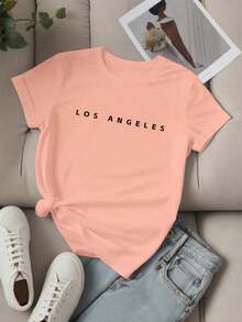 Women's Unity Letter Slogan Short Sleeve T-Shirt, LOS ANGELES Graphic Tees, Women's Tops - 珊瑚粉 - 查看 1