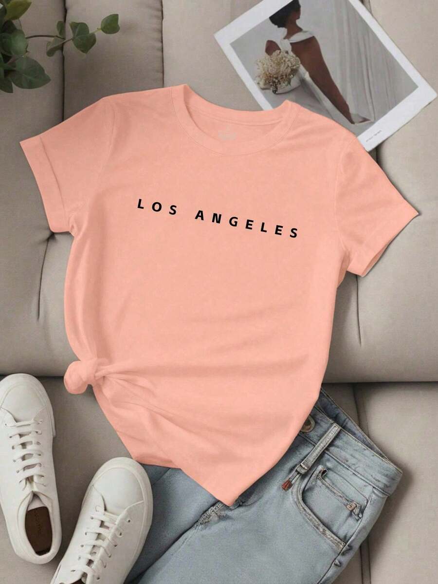 Women's Unity Letter Slogan Short Sleeve T-Shirt, LOS ANGELES Graphic Tees, Women's Tops - 珊瑚粉 - 查看 1