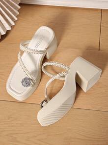Svarta slide-sandaler i PU med strass, smala remmar, rygglösa, chunky klack, tjock sula, tårem, högklackade tofflor för dejt, fest och vardagsbruk - Beige - Visa 4