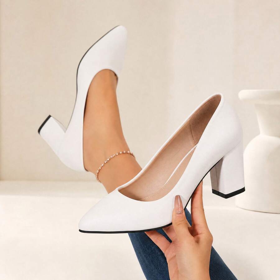 Geeyea Spring And Autumn New White Coarse Heel Women's High Heels Elegant Pointed Comfortable Simple Commuting High Heels - trắng - Xem 1