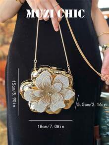 Tas Malam Hard Shell Berbentuk Bunga dengan Hiasan Berlian Imitasi, Tas Selempang. Inlay Kristal Gradien yang Indah pada Permukaan Kelopak, Menciptakan Nuansa Elegan bak Peri, Sempurna untuk Pesta Prom, Pemotretan Pernikahan, dan Pesta Koktail Kelas Atas. - Emas - View 5