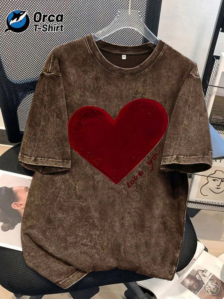 Love You," American Style, Casual Brand, Crew Neck, Washed Cotton, Personalized, Short Sleeve, Suitable For Vacation, Outings, Leisure, Sports, Gifts, Etc. Loose And Comfortable Shirt - 咖啡棕 - 查看 1