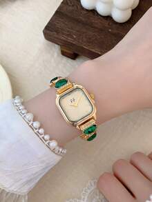 1 pieza Reloj de pulsera para mujer Dorado/Verde, estilo minimalista nuevo con esfera pequeña, elegante y versátil, reloj de cuarzo, adecuado para uso diario/fiestas - Dorado - Ver 4