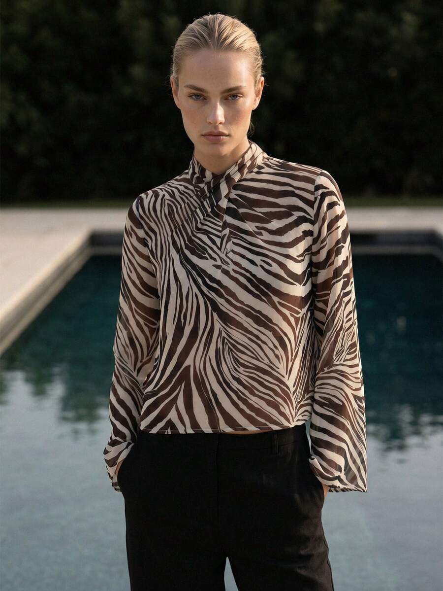 KSTM Women Zebra Print Blouse Long Sleeve Crossed Neck Top Animal Print Fashion Shirt Office Casual Wear - Multicolor - View 1