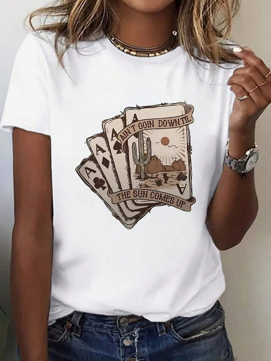 Camiseta gráfica de manga cortara mujer, 220g, para actividades al e  uso casual