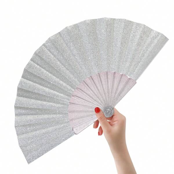 Shiny Silver White Folding Fan, Summer Beach Fan, Portable Fan, Carnival Essential Accessory, Beach Accessory, Suitable For Festivals, Weddings And Travel