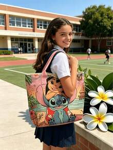 Disney 迪士尼 Lilo & Stitch 印花托特包，大容量帆布肩背包，適合海灘和日常使用，可愛 Lilo & Stitch 卡通托特包，休閒風格 - 黑色 - 查看 4