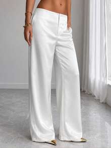 SwallowLucky Women's Satin Silk Solid Color Long Pants With Pockets And Zipper, Suitable For Vacation, Work, Brunch, Airport Outfits, White Spring Style - White - View 6