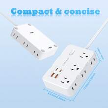 Regleta de protección contra sobretensiones con enchufe plano de 5 pies, 6 tomas de corriente espaciadas + 4 puertos USB, extensor de enchufe de pared, esencial para el hogar, la oficina, el dormitorio - Blanco - Ver 10