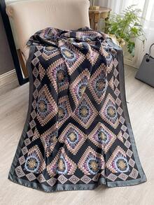 1 Buah Syal Sutra Imitasi Elegan Bermotif Bohemian untuk Wanita, Syal Serbaguna untuk Musim Semi/Panas, Pelindung Matahari untuk Liburan Pantai, Cocok untuk Penggunaan Sehari-hari - Hitam - View 3