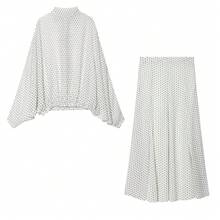 Women's Polka Dot Chiffon Two Pieces Set Tie Neck Batwing Sleeve Top High Waist Flowy Long Skirt Elegant White - White - View 8