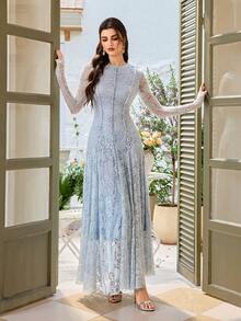 Women's Round Neck Elegant Long Sleeve Lace Romantic Dress - Baby Blue - View 3