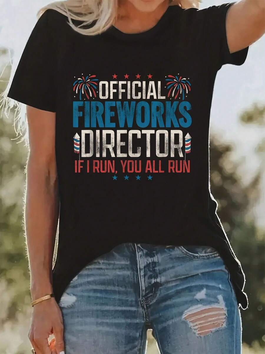 Camiseta divertida de director de fuegos artificiales del 4 de julio, top casual de manga corta con cuello redondo cómodo para primavera y verano, ropa de mujer - Negro - Ver 1