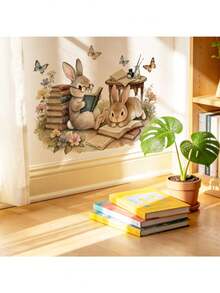 1pc Reading Rabbit Flower Butterfly Wall Sticker, Self-Adhesive Removable PVC Decal, Creative DIY Study Room Background Wall Decor, Home Wall Art Arrangement - Rabbit, Flower, Butterfly - View 6