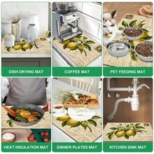 1pc Lemon Print Absorbent Drying Mat, Kitchen Decor Coffee Machine Mat, Laundry Room Accessory Handmade Coffee Pot Drip Tray, Kitchen Floor Mat, Table Mat, Kitchen Countertop Dish Drying Mat, Breakfast Mat, Heat Resistant Drip Tray With Non-Slip Backing, Diatomaceous Earth Drip Tray, Stain Concealing, Super Absorbent Kitchen Drip Tray, Easy To Clean Dish Rack Mat, Perfect For Kitchen, Dining Table, Coffee Shop, Bar, Holiday, Party, Home Decor, Holiday Gift - Multicolor - View 5