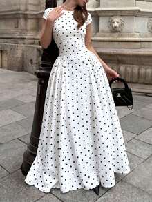 Elegantes langes Damenkleid aus Strickstoff mit Polka-Dot-Muster, A-Linie, Rundhalsausschnitt, Kurzarm, Plissee-Detail, Weiß, Sommer - Weiss - Übersicht 2