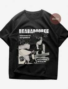 Camiseta de Cuello Redondo Beabadoobee con Diseño de Tipografía de Álbum y Retrato, Diseño Oversized, Manga Corta, Estilo Y2k, Ropa Casual, Tallas Grandes, Apta para Todas las Temporadas, La - Negro - Ver 1