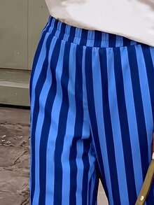 Women's Blue And White Striped Woven Wide Leg Casual Beach Pants, Spring/Summer Women's Beach Pants Striped Pants Women's Summer Casual Long Pants With Pockets For Vacation Outfit - Blue - View 5