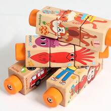 1 Set Montessori Rotatable Solid Wood Blocks Decor, Ocean Animals, Transportation, Profession Image Patterns, Toddler Color & Object Cognition Desktop Educational Toy - Multicolor - View 8