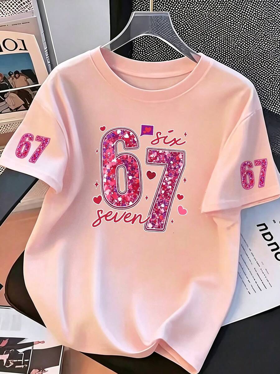 青少年女孩 Coquette 風格白色 T 恤,閃亮「67」數字與愛心印花休閒短袖 T 恤,可愛 Y2K 夏季街頭風上衣 - 粉色 - 查看 1