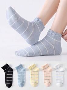 5 Pairs Women's Multiful-Colors Short Socks Ruffled Socks With Striped Patterns, Breathable, Moisture-Wicking, Suitable For Sports And Leisure - Multicolor - View 5