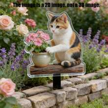 Flat 2D Acrylic Calico Cat Garden Stake Cute Kitten Touching Pink Flower Pot Weatherproof Outdoor Yard Lawn Decor Not 3D Ornament - L - View 6