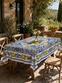 1 pieza Mantel multifuncional con patrón floral de limón fresco y azulejo azul mediterráneo Capri, material de poliéster, adecuado para decoración del hogar en todas las estaciones, regalo de boda, reunión familiar, fiesta de vacaciones y decoración de mesa de comedor - Multicolor - Ver 8