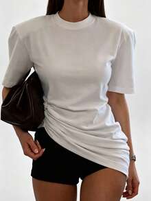 Women's White Knit Round Neck Short Sleeve Asymmetric Hem Detail Regular T-Shirt, Commuting & Casual Summer - White - View 1