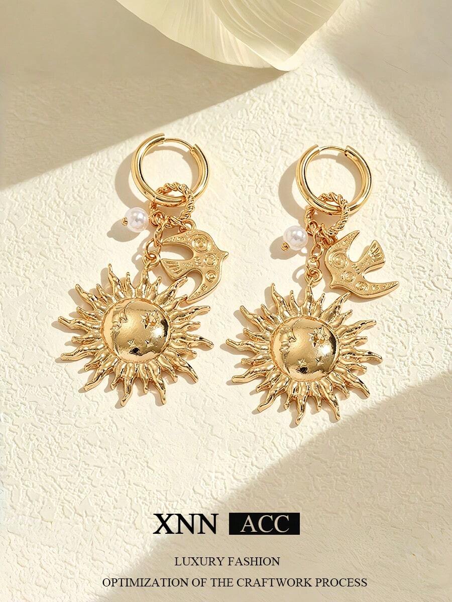 1 par de pendientes con colgante de sol, diseño de nicho retro de moda con estrella & pájaro en capas, joyería de oreja exagerada, adecuado para el uso diario de las mujeres - Dorado - Ver 1