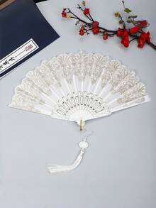1Pc /2Pcs Vintage Gothic Lace Folding Hand Fan With Jade Pendant Tassel, Retro Gold Stamping Floral Handheld Fan, Chinese Style Accessory For Lolita Cosplay Dance Wedding Party Decor & Gift - Folding Fan - View 17