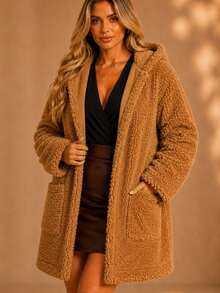 Teddy Overcoat With Hood And Pocket, Women's Warm Winter Jacket With Long Sleeves - Camel - View 1